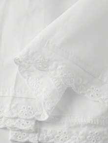 Women Lace Trim Summer Blouse Slim Fit Collared Short Sleeve Button-Up Crop Casual Tops - White - View 7