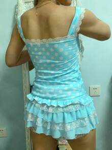 Women's Y2k Fairy Grunge Lace Trim Camisoles Tops Sleeveless Polka Dot Print Cute Tank Tops Ruffle Hem Slim Fit Shirt Going Out Tops Summer Streetwear For Teen Girls Vintage Kawaii Aesthetic Clothes 90s - 淺藍色 - 查看 2