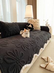 1pc Washable Anti-Slip Sofa Cover, Fits L-Shaped Sofa With 3 Pillows, Quilted Design, Magnetic Closure, Protects Sofa - Fluffy Gray Sofa Slipcover