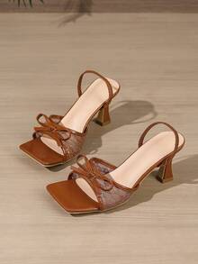 Giày nữ mũi vuông gót mỏng, giày lưới buộc nơ, giày công sở màu nâu đa năng, sandal thời trang gợi cảm, sandal cao gót thanh lịch dự tiệc. - màu nâu - Xem 6