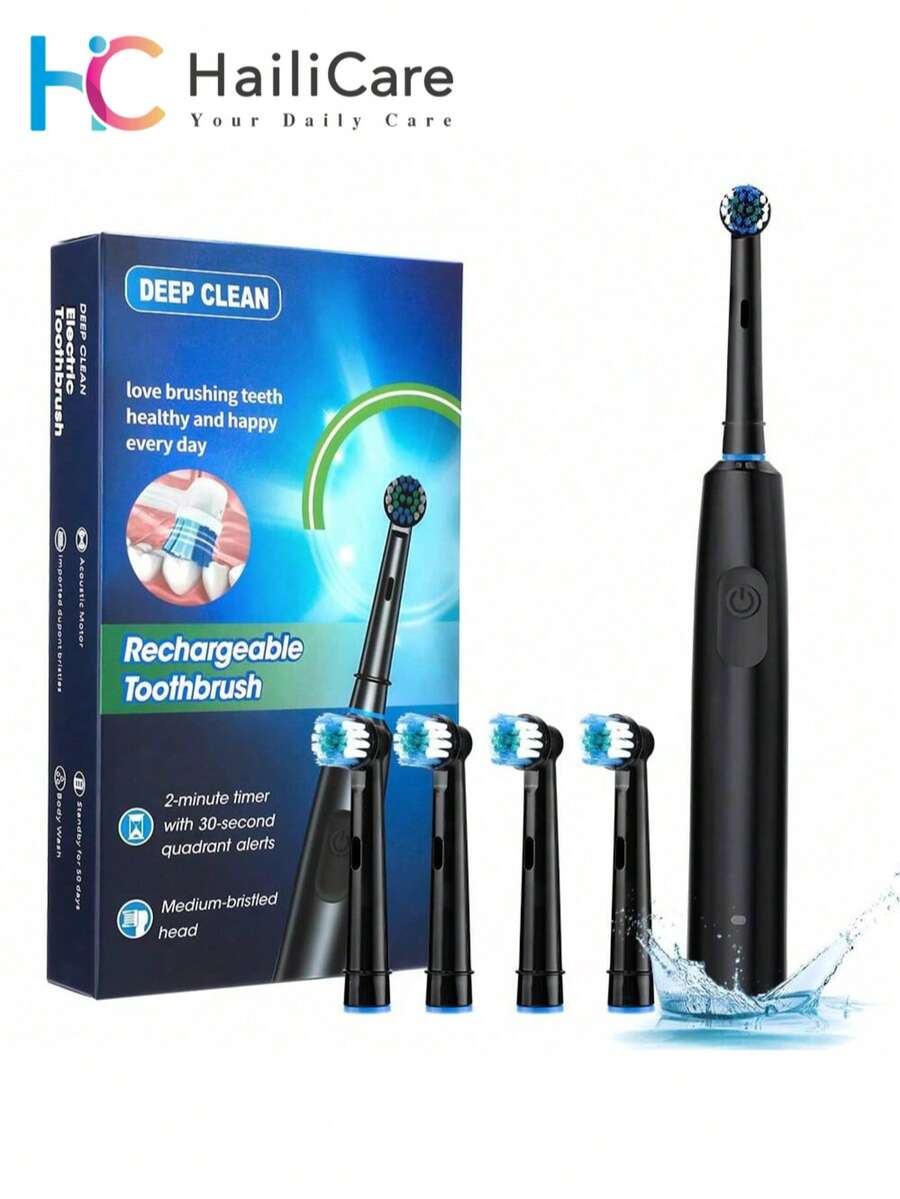 Hailicare Rechargeable Electric Toothbrush For Adults, 5 Modes, Rotating Electric Toothbrush With 4 Soft Replacement Brush Heads, Valentine's Day Gift - Multicolor - View 1