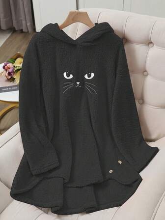 女士时尚双面蓬松刺绣猫耳休闲连帽衫