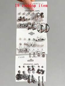 18 Stücke elegantes minimalistisches Schmuckset mit Cut Out Blumen, Herzen, Kunstperle, Wassertropfen, Strass, Rosen, Seesternen, C-förmigen Elementen, geeignet für Frauen bei Partys, Banketten, zufälligen Tanzveranstaltungen, Dates, als Geschenk, hoher Preis-Leistungs-Wert (zufälliger Stil) - Silber - Übersicht 6