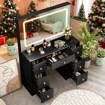 Makeup Desk With LED Makeup Mirror, Wooden Vanity Table - Contemporary Elegant Style, Solid Wood Build, Touch-Sensor Adjustable LED Lights, Ample Storage With Multi-Divider Design For Cosmetics, Skincare & Accessories | Suitable For Bedroom, Dressing Nook, Small Apartment | Minimalist Fresh Aesthetic, Feminine Modern Home Decor, Best Gift For Women, Holiday Gift, Graduation Present