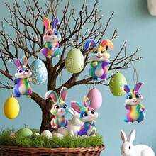 6/12/24 piezas Adornos colgantes decorativos de Pascua Colgantes de conejo de papel de estilo primaveral Adornos colgantes de conejo de dibujos animados para Pascua - Multicolor - Ver 7