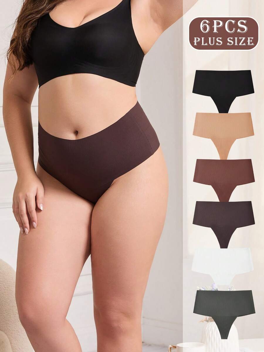 6 piezas Bragas de unicolor talla grande, comodidad casual - minimalista casual - encanto maduro romántico - encanto maduro elegante, tela de punto suave acanalada (waffle) para primavera/verano otoño/invierno, básico sexy tipo tanga - Multicolor - Ver 1