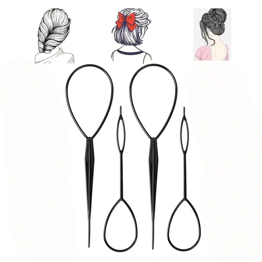 4件套黑色编发工具套装，美发造型配件，适用于马尾辫、发髻、编发、卷发等发型，适合女孩、新娘，美发造型套装 - 彩色 - 查看 1