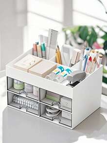 1 pieza Caja organizadora de escritorio con soporte para bolígrafos y 2 cajones, caja de almacenamiento de artículos de papelería para escritorio, adecuada para escritorio, cosméticos, suministros de oficina, para oficina, hogar, escuela