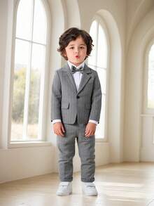 3pcs Young Boys Gentleman Outfit - White Long Sleeve Shirt With Bow Tie, Grey Suit Jacket And Pants, Suitable For Birthday Party, Wedding, Christening, Anniversary - Grey - View 1
