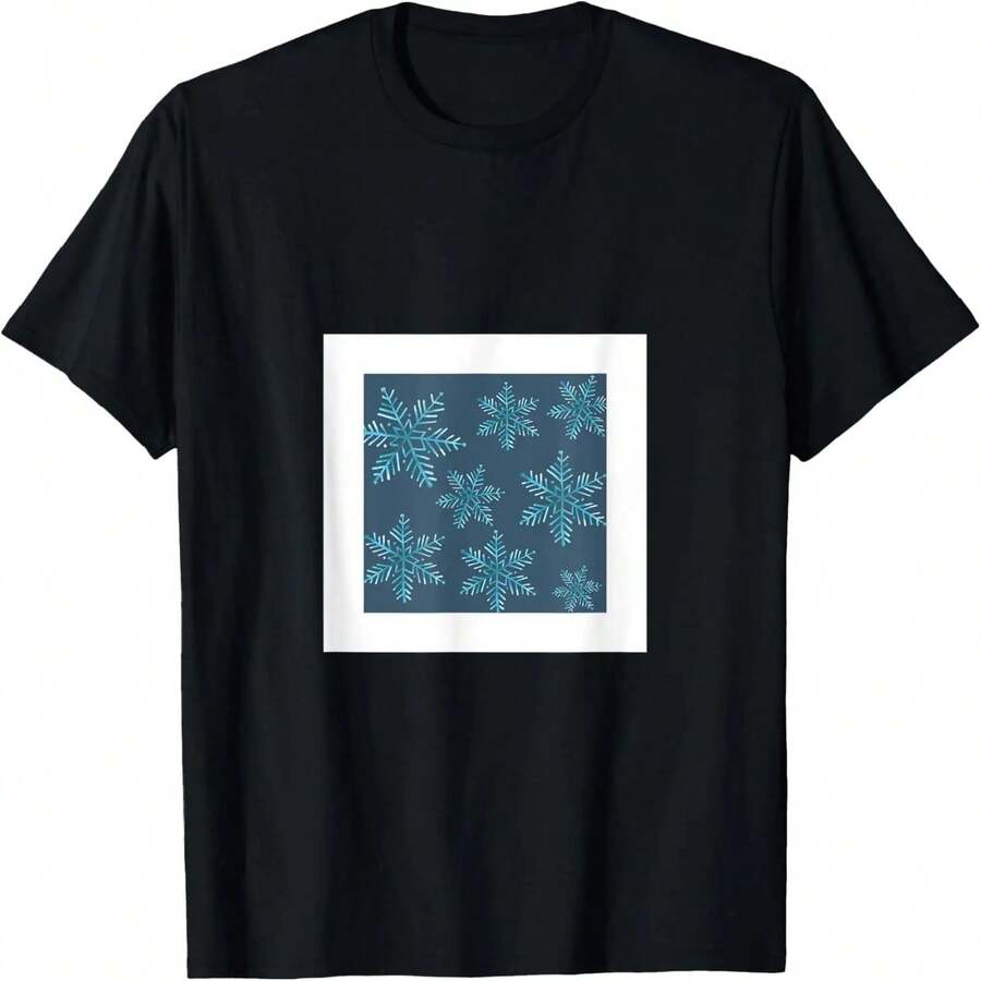 Snowflake Pattern Winter Holiday Blue Print Decor Gift T-Shirt - Black - View 1