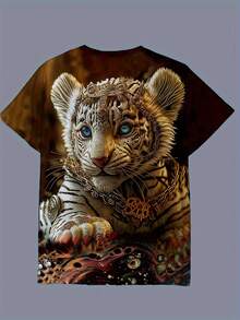 Plus Size, Women's Casual 3D Tiger Print T-Shirt - Short Sleeve Round Neck Top With Full-Body Vibrant Design, Machine Washable & Breathable Fabric For Spring Summer Fall, Versatile Casual To Dressy Outfits, Seasonal Wardrobe Staple, Statement Fashion, Durable Construction, Printed Tee, Women - 彩色 - 查看 2