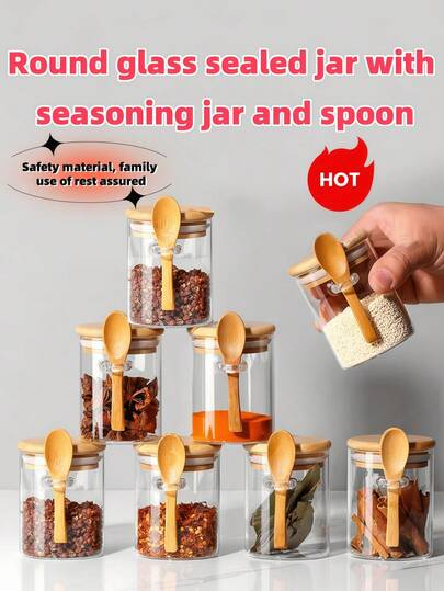 一套圆形玻璃密封罐，带竹盖和勺子，食品储存容器，可用于存放糖、咖啡、坚果，玻璃厨房罐可用于存放面粉、饼干、糖果、抹茶、坚果和香料，也可用于存放学习用品。