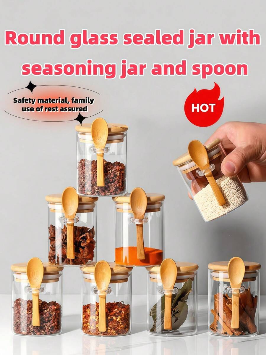 1 Set Round Glass Airtight Canister With Bamboo Lid & Spoon, Food Storage Container For Sugar, Coffee, Nuts, Glass Kitchen Jars For Flour, Cookies, Candy, Matcha Tea, Nuts And Spices, Also For School Supplies