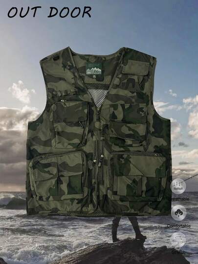 Vår- och sommarny kamouflage cargoväst med flera fickor, herrlätt ärmlös vindtät väst i plusstorlek för män
