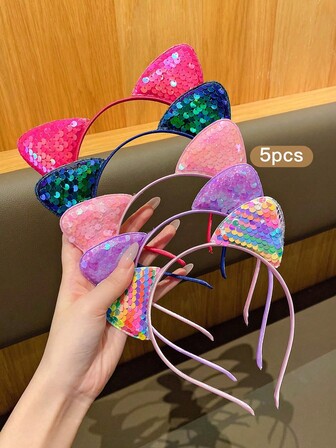 5pcs Multicolor Glitter Cute Cat Ear Headbands, Fashionable Glitter Hair Accessories Suitable For Cute Girls, Performance And Daily Use