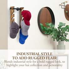 MyGift Urban - Organizador industrial para colgar en la pared con soportes colgantes de madera quemada maciza y montaje en tubo de metal realista 10 ranuras para colgar gorras de béisbol - Maderaquemadanegro - Ver 2