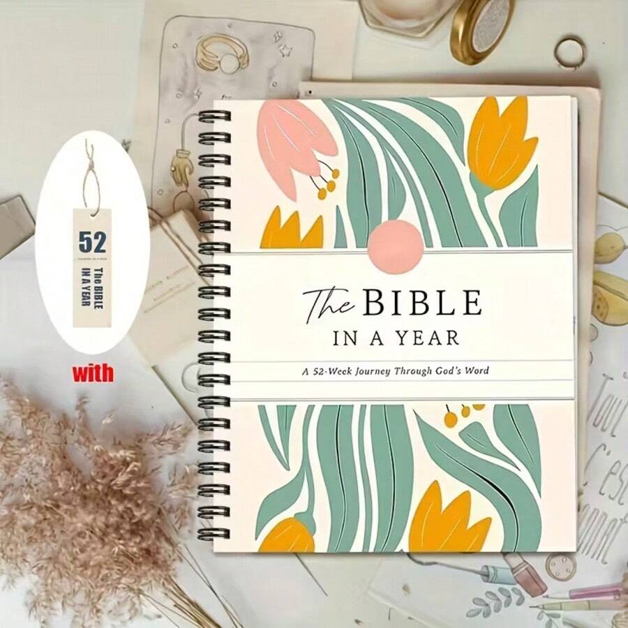 1-Year Bible Study Plan And Devotional Journal - Daily Reading Plan With Floral Patterns, Including Prayer Space - Elegant Mint Green And Pink Tulip Design, Portable Christian Bible Study Guide, Suitable For Personal Meditation, Church Groups, And Gifts, Spiral-Bound, Durable Ring-Binder - 隨機1本 - 查看 1