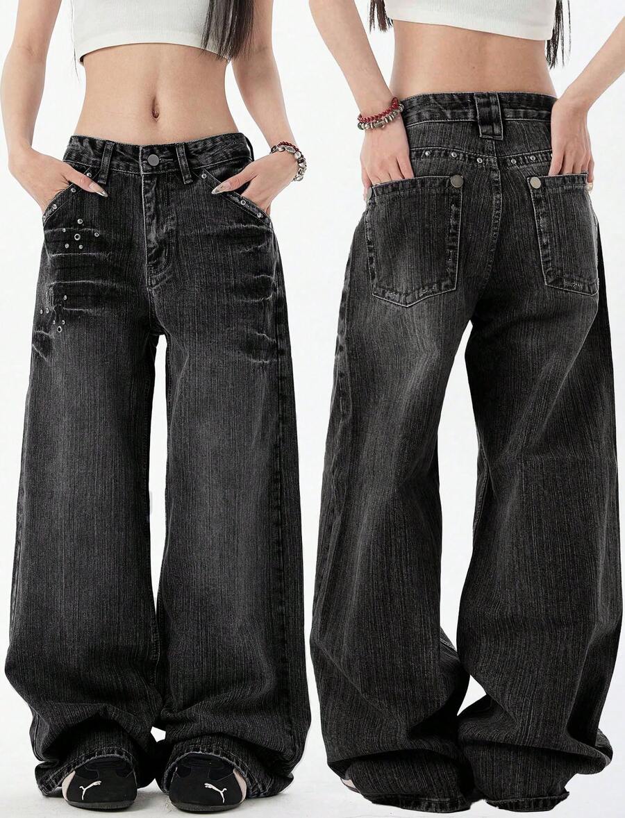 Womens Rivet Wide Leg Jeans Low Rise Baggy Jeans Straight Denim Pants Fall - 黑色 - 查看 1