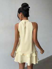 女士浅黄色无袖衬衫，立领蘑菇扣设计，百搭、优雅、时尚、休闲，适合日常穿着和度假，春夏皆宜。 - 淡黃色 - 查看 3