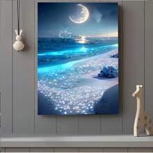 Moonlit Night Beach Canvas Art – Framed Wooden Wall Decor With Vibrant Blue & Purple Hues,  Crescent Moon & Twinkling Shoreline, Perfect For Living Room, Office, Or Bedroom – Indoor Wall Art Gift, Office Artwork |   Mystical Night Scene |   Highquality Print, Beach Theme Decor - Nhiều màu - Xem 6