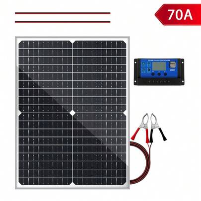 ZGZXSEXHZ Panel solar de 40W con marco, pinzas de cocodrilo y controlador de carga de 70A, kit de cargador solar de alta eficiencia de 18V para montaje en automóviles, vehículos recreativos y baterías de barcos