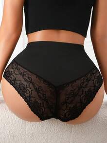 女士法式优雅蕾丝拼接浪漫中腰舒适内裤 - 黑色 - 查看 5