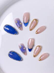 10片手工按压式美甲贴纸，短指甲适用，假指甲，杏仁形，法式美甲，蓝色，金色，猫眼图案，可爱美甲设计，简约优雅风格，异域风情，手绘不对称金色法式甲尖，美甲宝石装饰，适合女性和女孩的杏仁形美甲贴纸，美甲用品，手工按压式美甲 - 藍色 - 查看 5