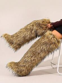 Women's Faux Fur Tall Boots, Solid Color Y2K Outdoor Fabric Furry Over-The-Knee Boots, For Outdoor Spring, Autumn, Winter - Brown - View 3