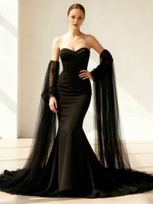 1 pièce Manche de robe en mousseline de soie noire semi-transparente et fluide, manche de robe longue et élégante pour soirée, mariage, représentation, défilé - Manches - Voir 3