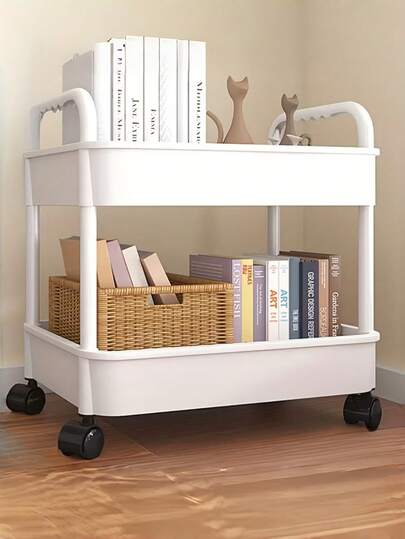 New Double-Layer Plastic Storage Cart With Wheels - Space-Saving, Woven Basket And Top Handle, Suitable For Office, Kitchen, Bathroom, Bedroom, Freestanding, All-Season, Fits 17 Holidays
