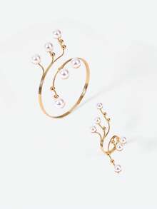 Opalesca 1 set Parure de bracelet et bague bijoutée à motif géométrique creux élégant et à la mode, convient pour le port en vacances, en soirée, cadeau - Doré - Voir 5