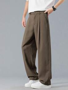 男士纽扣细节休闲宽松直筒裤，阔腿裤配斜插口袋，松紧腰带，宽松版型长裤，实用时尚，适合聚会、工作、日常穿着，简约经典百搭。 - 棕色 - 查看 4