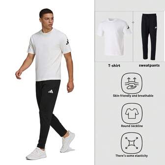 Adidas [Erkek Spor Takımı] M SJ TT Tişört Yuvarlak Yaka Kısa Kollu + M SL SJ TO PT Uzun Örgü Orta Bel Spor Pantolonu Günlük Spor