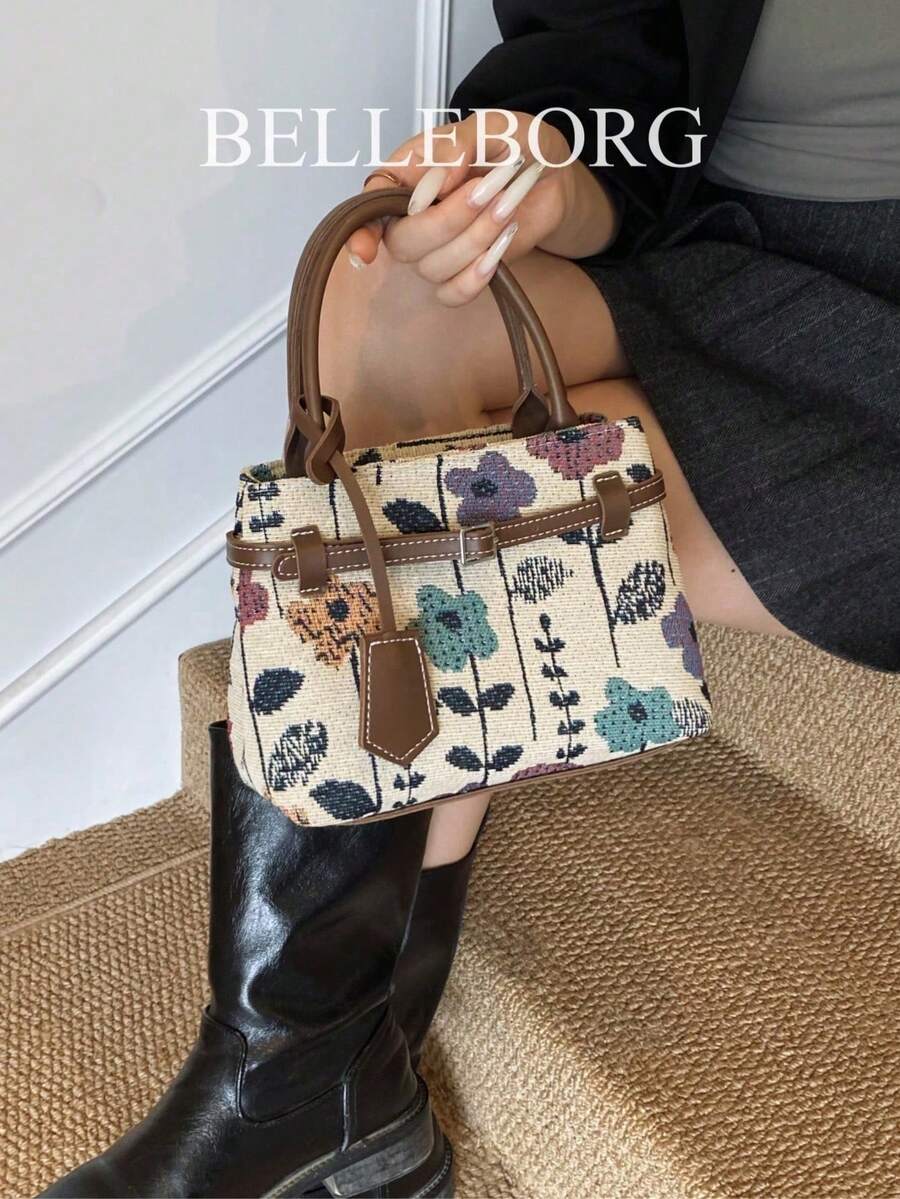 BELLEBORG 女款高級休閒撞色通勤復古帆布扣環百搭小方包手提包 - 咖啡 - 查看 1