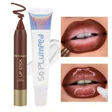 A Duo Of Moisturizing Matte Lip Liner And Glossy Lip Oil In A Light Brown Shade, Featuring A Soft Fog Waterproof Formula That Doesn'T Transfer. Suitable For All Skin Types And Comes In Pencil Form, Making It An Ideal Gift. - 01 - Xem 3