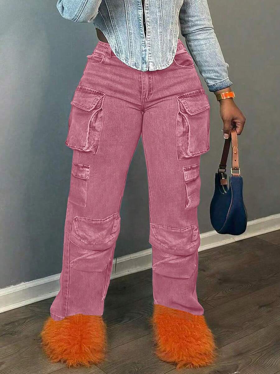Women's Fashionable Casual Straight Leg Workwear Jeans, Workwear Pants, Workwear Winter Pants, Multi Pocket Storage, Suitable For Parties, Birthday Parties, Nightclubs, Nightclubs, Concerts, Press Conferences, Music Festivals, Electronic Music Festivals, Etc - 粉色 - 查看 1