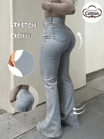 GILIPUR New Light Blue Y2K Flare Jeans For Women, High-Waisted Slim Fit Stretchy, Elegant & Fashionable Casual Versatile, Retro Street Style, Suitable For Winter & Spring, Great Gift For New Year, Valentine's Day, Perfect For Formal Events, Casual Dinners And Concerts