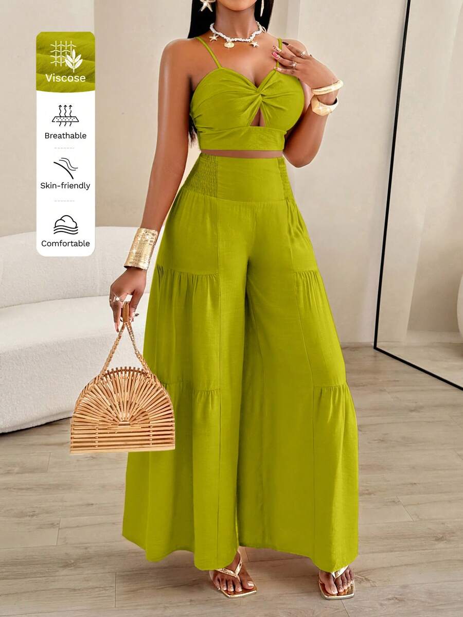 AIJ 2 piezas Conjunto elegante de top de tirantes retorcido y pantalones anchos plisados para mujer, ideal para vacaciones de verano - verde - Ver 1