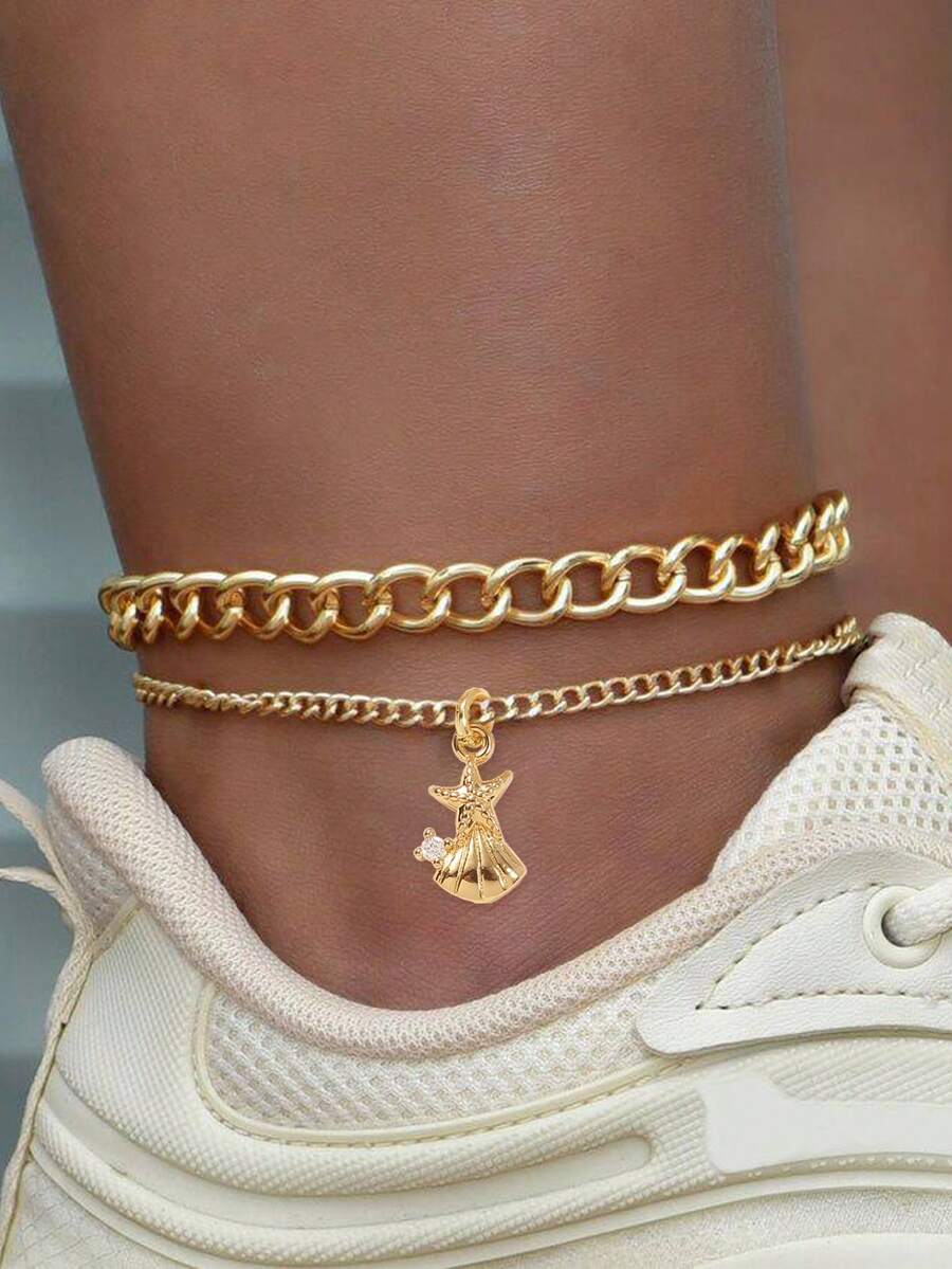 Nooxian 2pcs Fashion Beach Casual Gold Micro-Inlaid Zirconia Starfish & Shell Pendant Double-Layer Anklet Set, Suitable For Women Beach Holiday Casual Wear - Yellow Gold - View 1