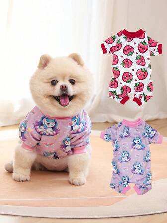 2 Peças Pijama para Animais de Estimação com Estampa de Unicórnio e Morango, Roupa de Descanso para Cachorro, Elástico Ajustável, Adequado para Cães Pequenos e Médios