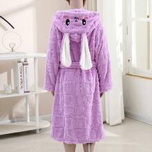 1pc Coral Fleece 3D Ear Rabbit Embroidered Hooded Bathrobe, Loungewear, Sleepwear, Soft, Absorbent, High-End, Suitable For Bathing, Pool, Bathroom, Gift - Multicolor - View 4