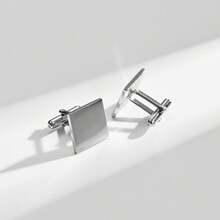 1 Pair Square Shiny Silver-Tone Alloy Cufflinks, Fashion Gift For Men, Party & Gathering - Silver - View 1