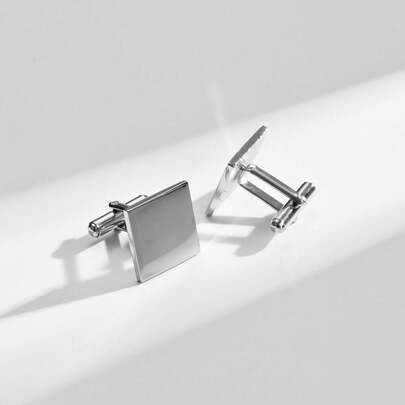 1 Pair Square Shiny Silver-Tone Alloy Cufflinks, Fashion Accessory Gift Box For Men, Party & Formal Occasions