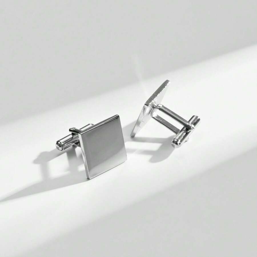 1 Pair Square Shiny Silver-Tone Alloy Cufflinks, Fashion Gift For Men, Party & Gathering - Silver - View 1