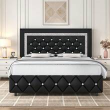 Twin/ Full/ Queen/ King Size Bed Frame, Upholstered Bed Frame With Diamond Headboard And Footboard, Pearl White/ Beige/ Black/ Grey/ Pink/ Purple/ Green - 黑色 - 查看 11