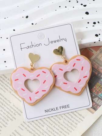 1 par de pendientes de corazón y dona tallados y pintados en acrílico, pendientes de botón de corazón de aleación, accesorios de joyería elegantes y lindos para el Día de San Valentín
