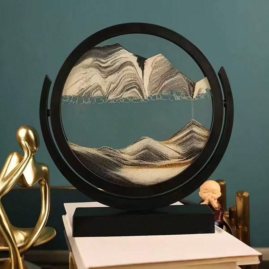 Colorful Flowing Sand Painting, Glass Sand Art - Independent Dynamic 3D Flowing Sand Painting, Desktop Ornament Crafts, Home Rotating Flow Animation Living Room  Glass Ornament Reversible, Graduation Gift, Festival Gift, Popular Landscape Painting Office Cabinet Art Decoration, 3D Colorful Flowing Sand Decoration Flowing Sand Art Disc, Multiple Colors To Choose From - 黑色 - 查看 1