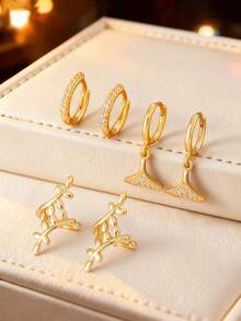 Conjunto de 6 brincos minimalistas e modernos em cobre banhado a ouro 18K com zircônias artificiais em formato de folha e trepadeira de ginkgo. Perfeitos para uso diário e como presente para amigas em datas comemorativas e aniversários. - Ouro amarelo - Ver 2