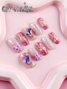 10片/套 方形美甲贴片，中号美甲，冬季美甲，可爱风格，新年礼物，可拆卸，适合派对、舞蹈、日常佩戴、学生聚会、上班族角色扮演，按压式可重复使用，附赠果冻胶和指甲锉等美甲用品 - 粉色 - 查看 9