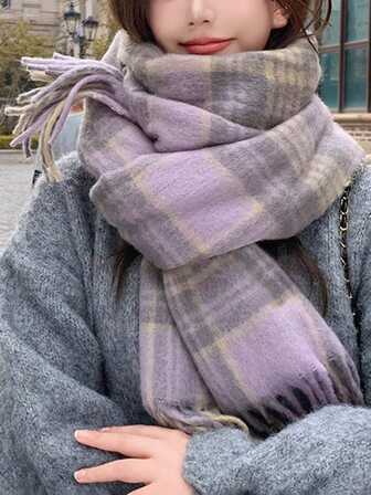 1 st lila rutig halsduk för kvinnor, 2025 ny varm sjal med tofsar, trendig och mångsidig accessoar för daglig pendling, skola, utomhus, resor, fotografering